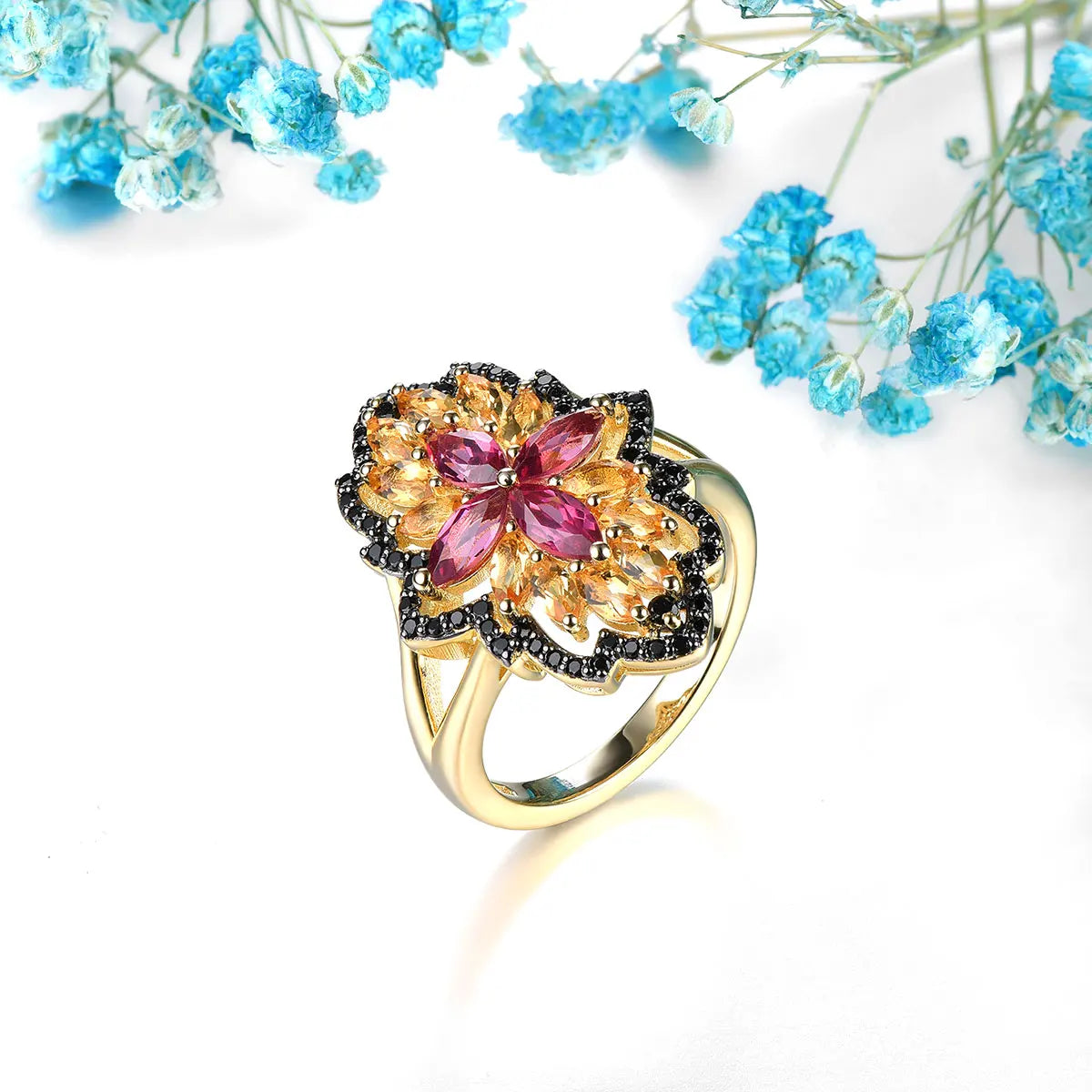 Natural Citrine Rhodolite Garnet Solid Silver Rings 2.5 Carats Genuine Gemstone Black Spinel