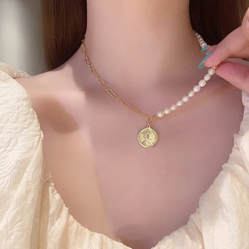 Queen's Head Coins Design Natural Freshwater Pearl 14K Gold Filled Female Pendant Necklace Jewelry