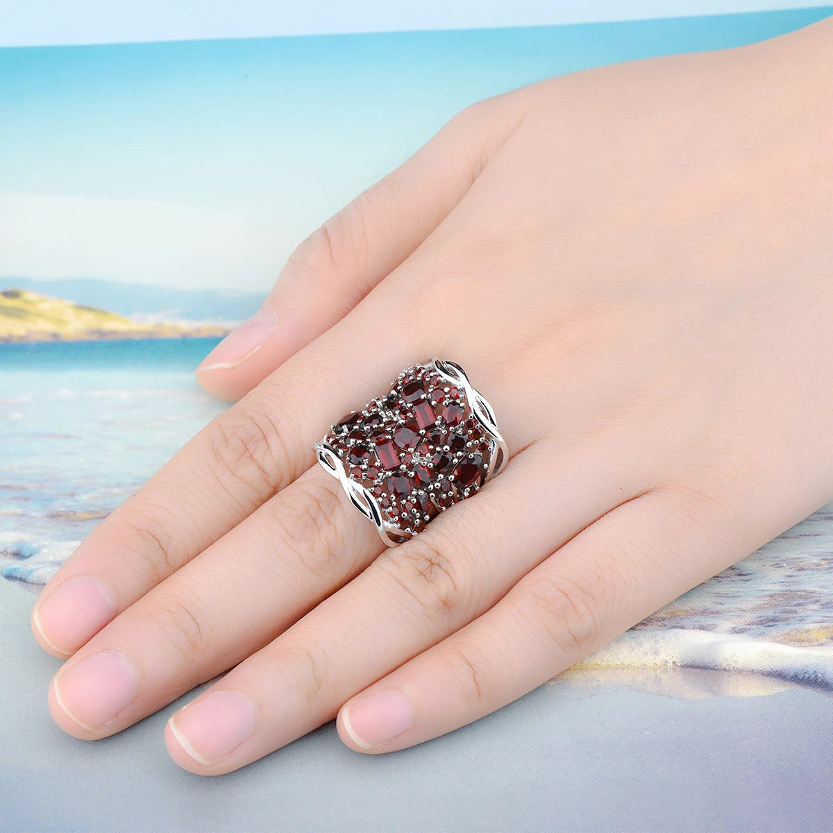 Natural Red Garnet Solid Silver Rings 6.8 Carats Genuine Gemstone Gorgerous Luxury Unique Original Design S925 Unisex Style