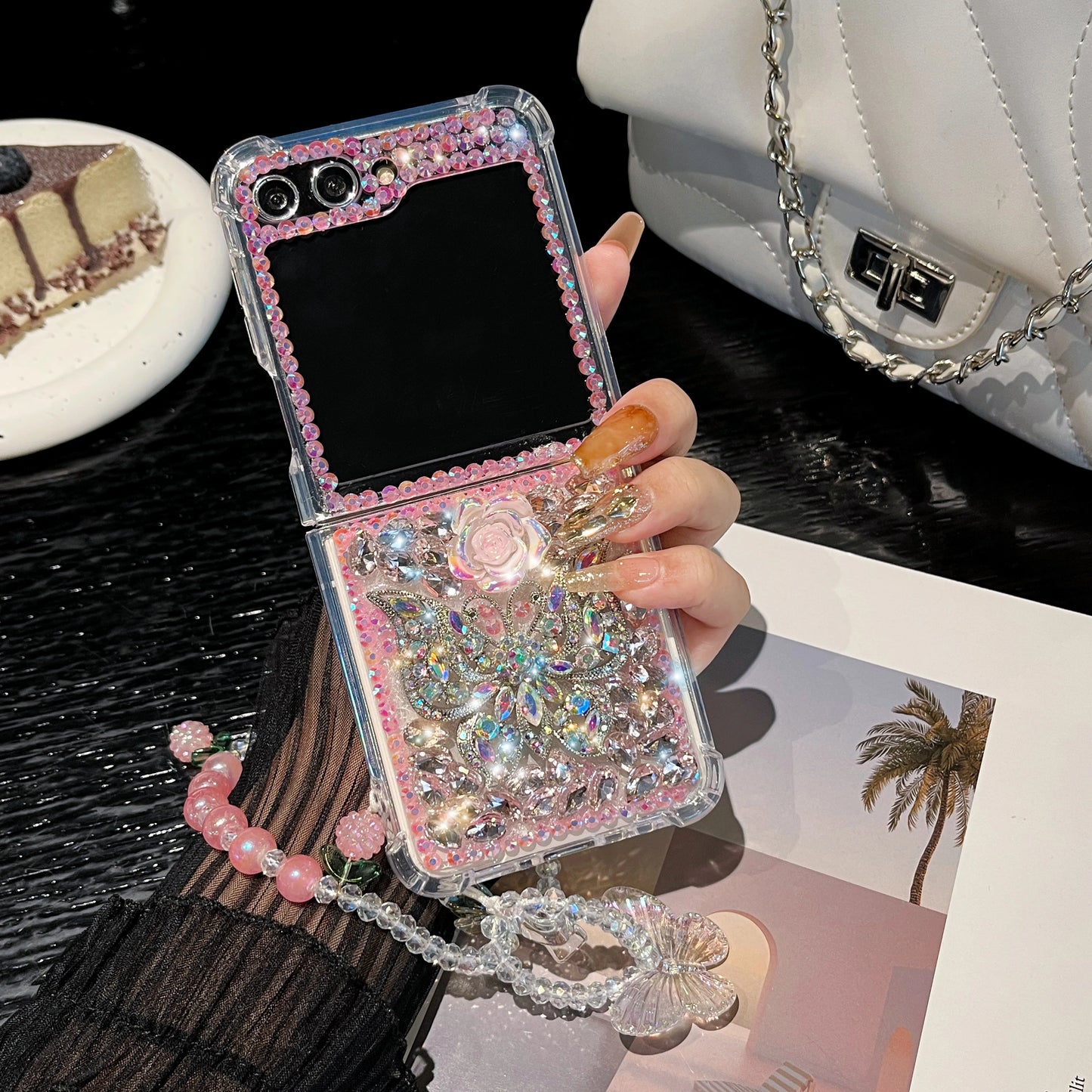 For Samsung Galaxy Z Flip 6 5 4 3 5G F7110 F7070 Cute Elegant Crystal Butterfly Flower Diamond Pearl Wrist Phone Case Cover