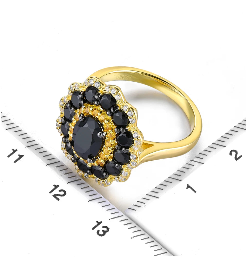 Natural Black Spinel Citrine Silver Rings 3.5 Carats Gemstones Yellow Gold Plated  Jewelry Original