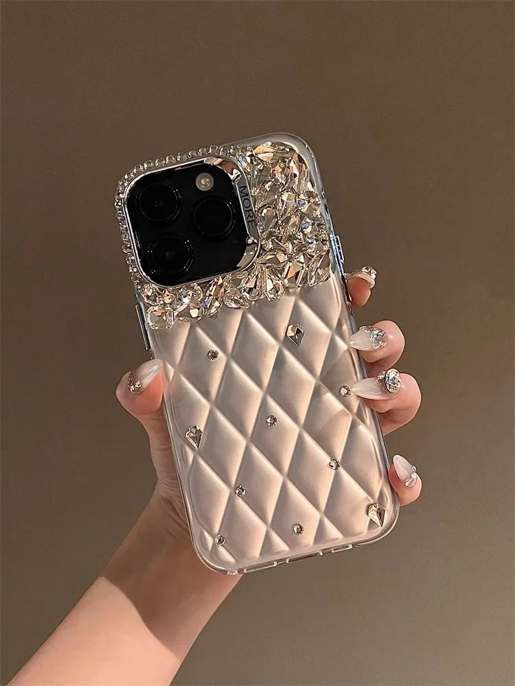 Bling Diamond SilIver Color Phone Cases For iPhone 11 12 13 14 15 16 Pro Max High-end Camera Protection Silicone Glitter Cover