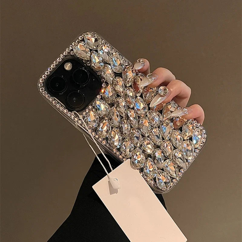 Bling Big Water Drop Crystal Phone Cover For iPhone 16 15 14 13 12 11 Mini Pro Max XR XS 7 8 Plus DIY Full Rhinestone Clear Case