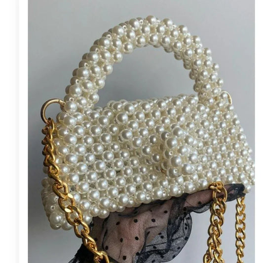 Ins Niche Design Square Chain Crossbody Bags Elegant Retro Pearl Women's Bag New Customizable Color Bead Handmade Handheld