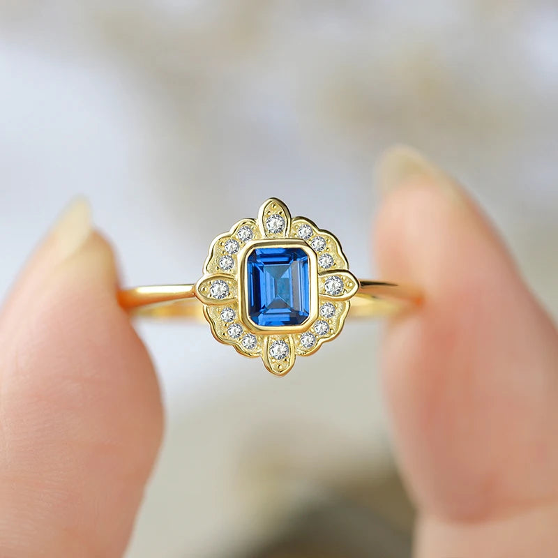 Niche Design Unique Authentic S925 Silver 14K Gold Square Aquamarine Light Luxury Ring Ring