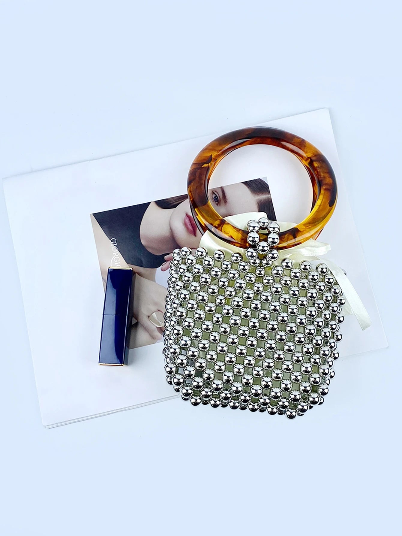 new niche designs, high-end textured beaded woven bead bag, circular ring portable bucket bag