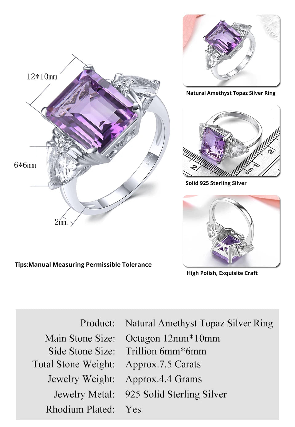 Natural Amethyst White Topaz Solid Sterling Silver Rings 7.5 Carats Genuine