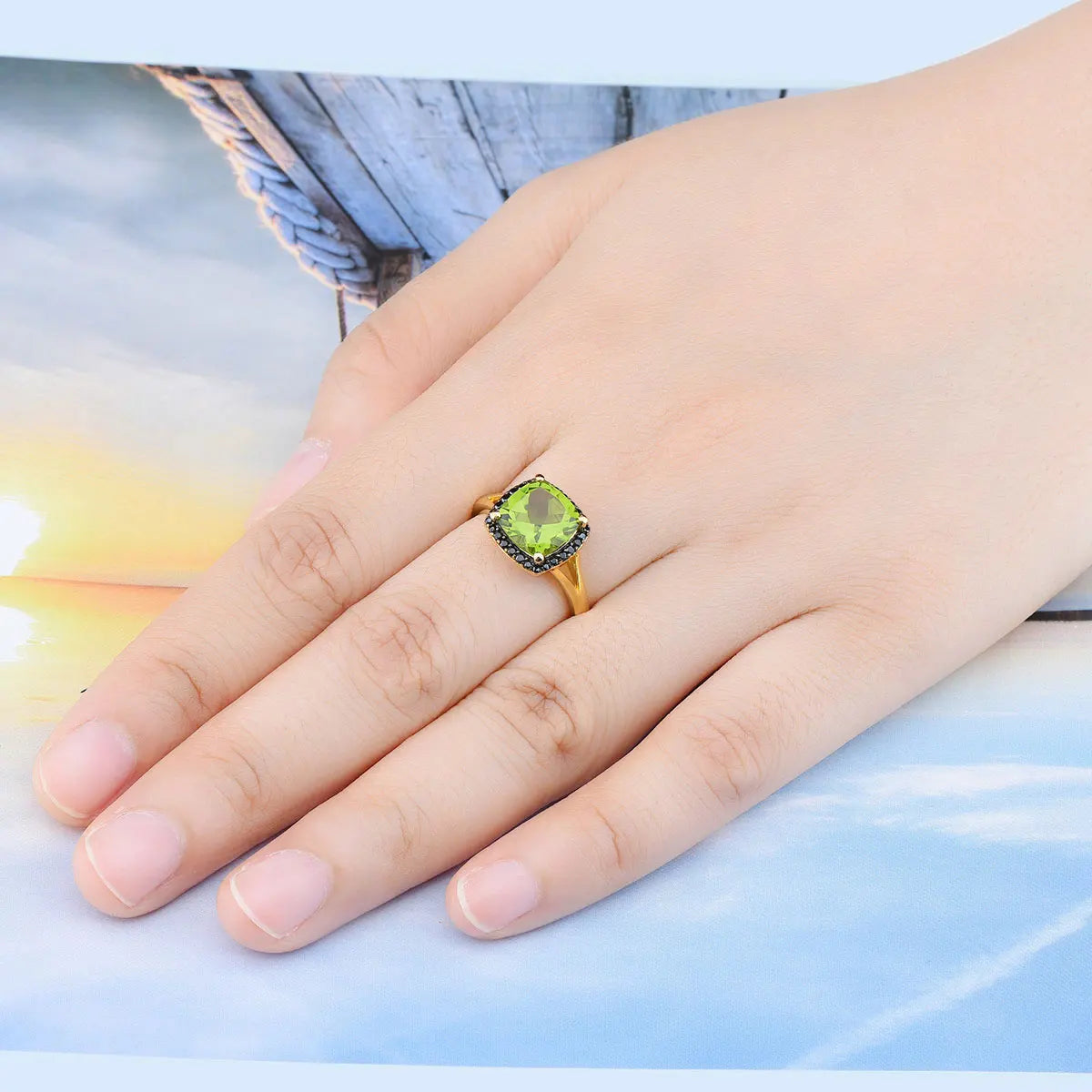 Natural Peridot Black Spinel Silver Yellow Gold Plated Ring 3 Carats Genuine Gemstone Speical Design Top Quality