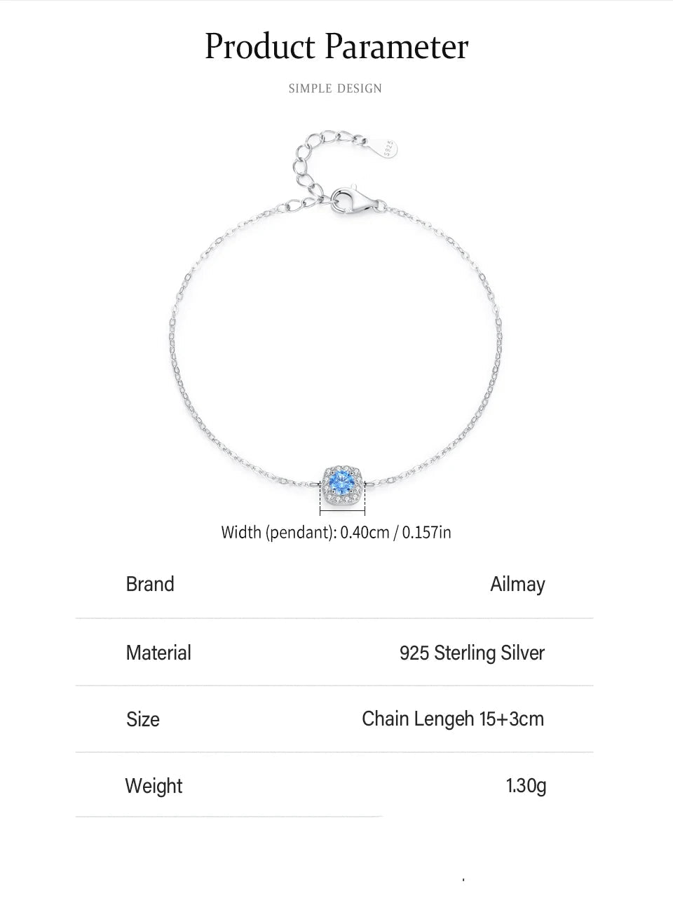 100% 925 Sterling Silver Elegant Sea Blue Zircon  Bracelet  Jewelry