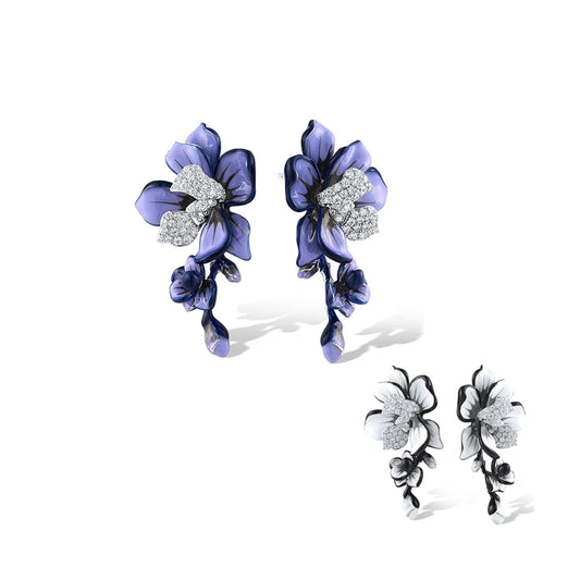 925 Sterling Silver  Sparkling Purple & White Enamel Flower Trendy