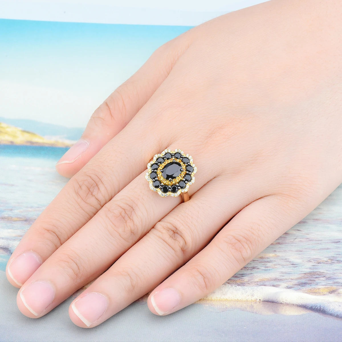 Natural Black Spinel Citrine Silver Rings 3.5 Carats Gemstones Yellow Gold Plated  Jewelry Original