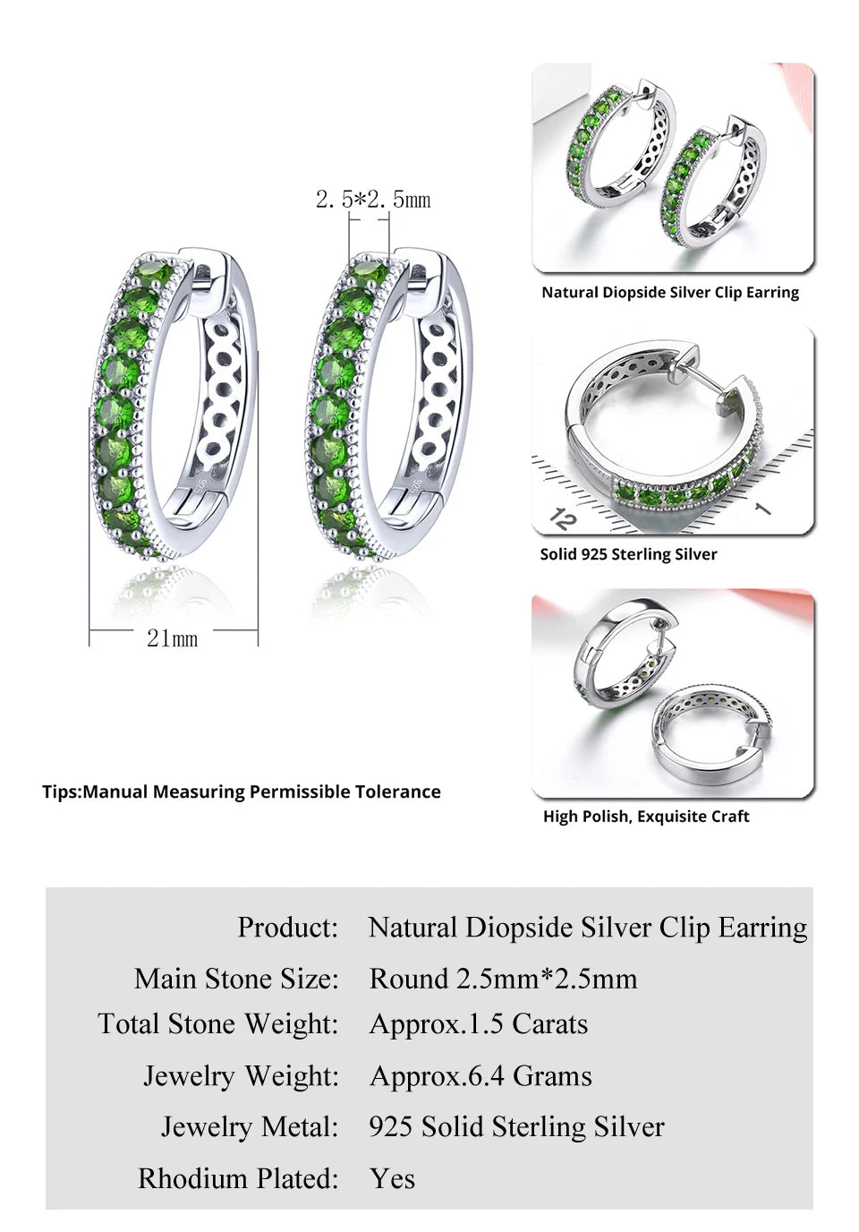 Natural Chrome Diopside Sterling Silver Gemstone Classic Style Fine Jewelrys S925