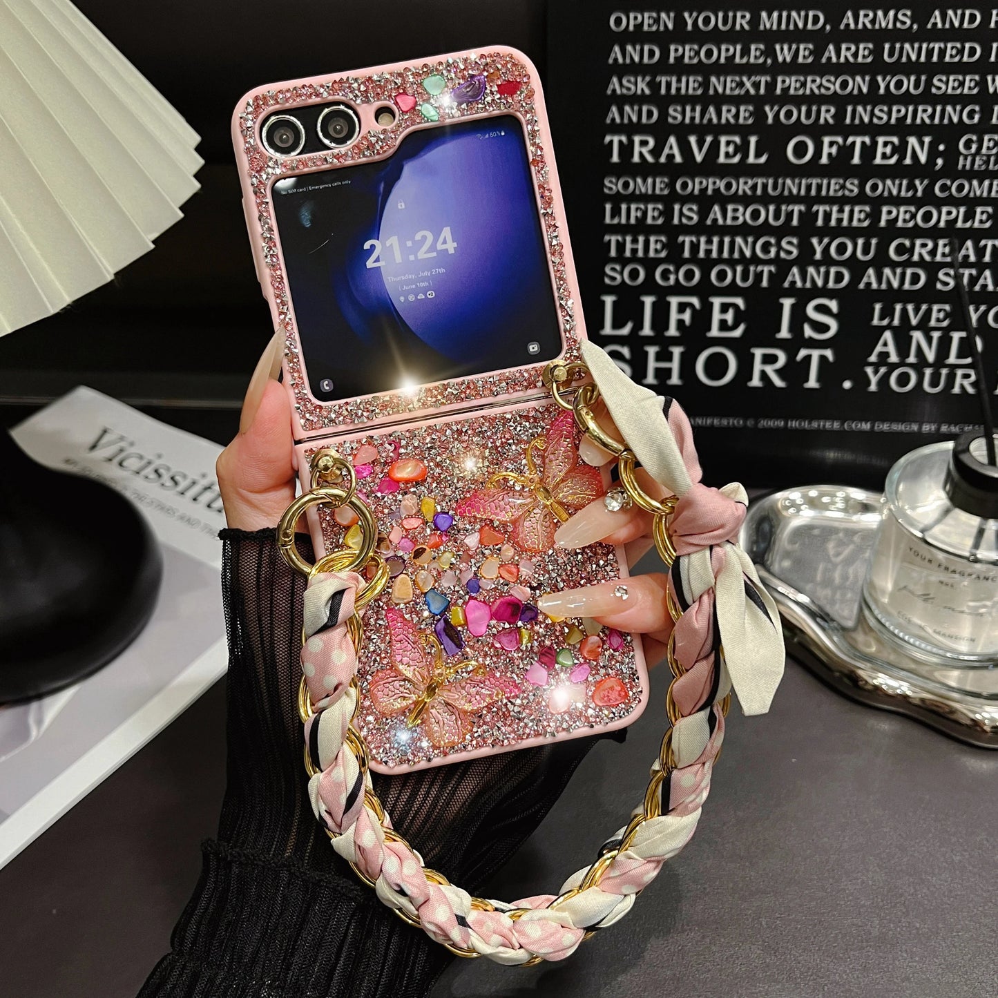 For Samsung Galaxy Z Flip 6 5 4 3 5G F7110 Unique Cute Diamond Elegant Bling Crystal Butterfly Silk Stone Wrist Phone Case Cover