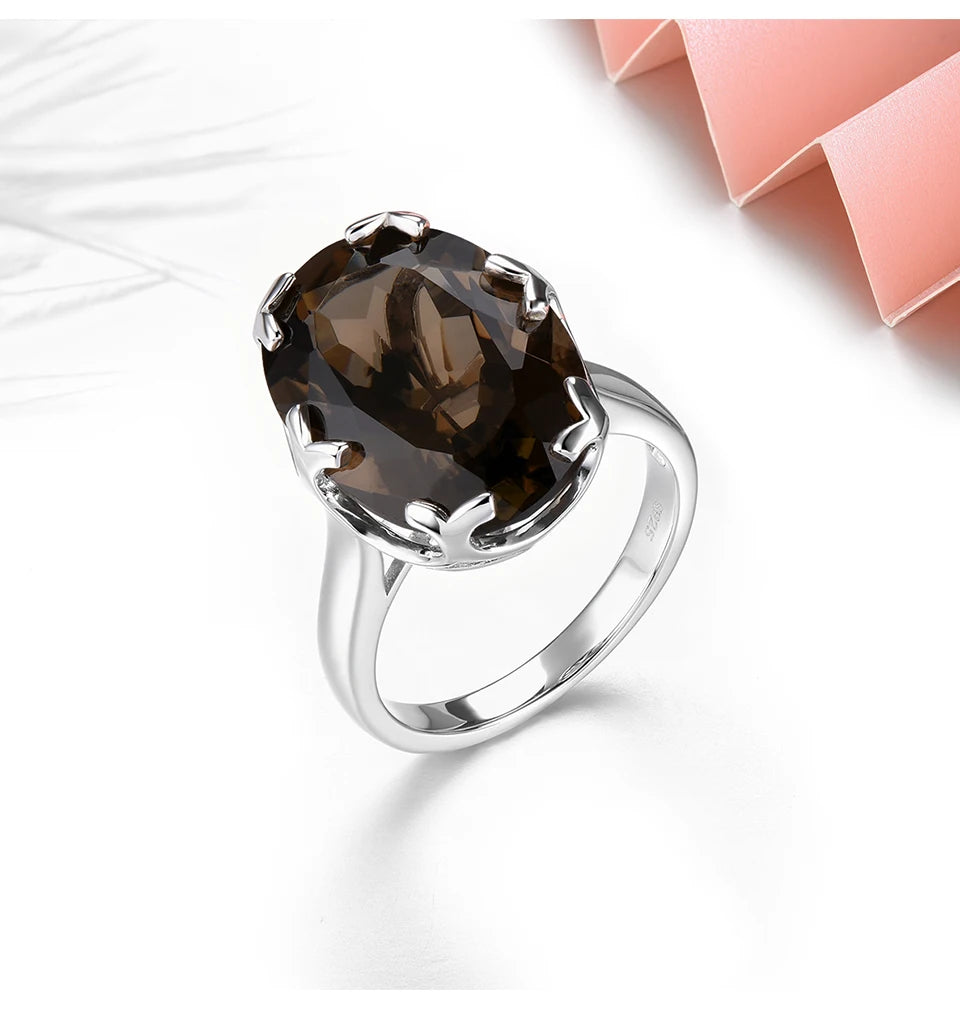 Natural Smoky Quarts Solid Sterling Silver Women Rings 11 Carats Brown Crystal Classic