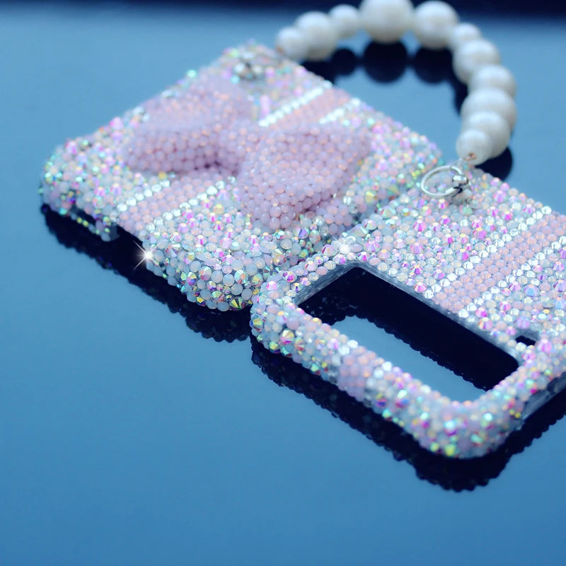 For Samsung Galaxy Z Flip 6 5 4 3 2 5G F7110 F7070 Luxury Rhinestones Crystal Cute Pearl Chain Wrist Jewell Bow Phone Case Cover