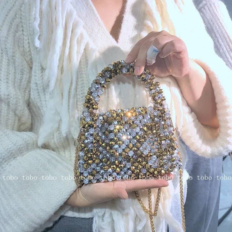 Crystal Bling Handmade Party Lunch Bags Unique Shiny Women's Handbag 2023 Trendy Female Sliver and Golden Long Belt Wallet