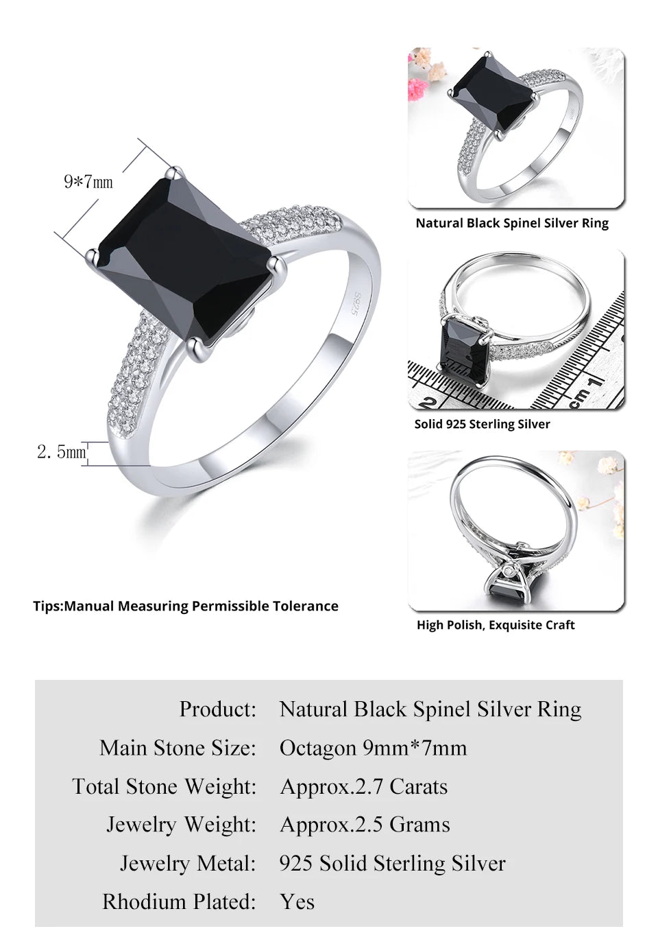 Natural Black Spinel Solid Sterling Silver Rings 2.7 Carats Gemstone Classic Fine Jewelry Design Unisex Style Lover's  Gifts