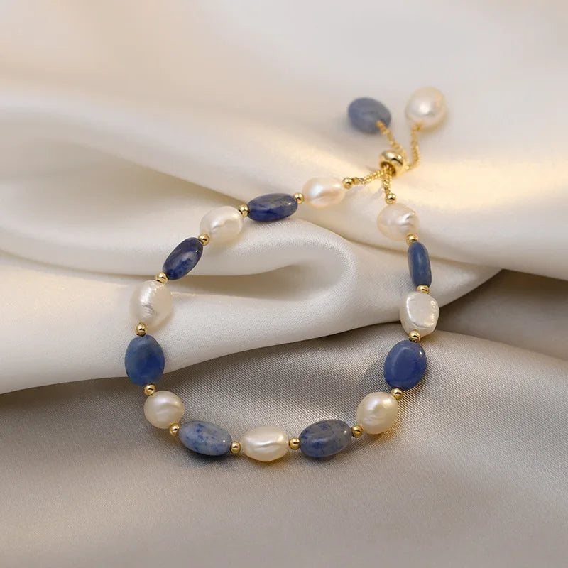 Blue Jade Stone & Baroque Freshwater Pearl 14K Gold Filled Female Charm Bracelet Jewelry