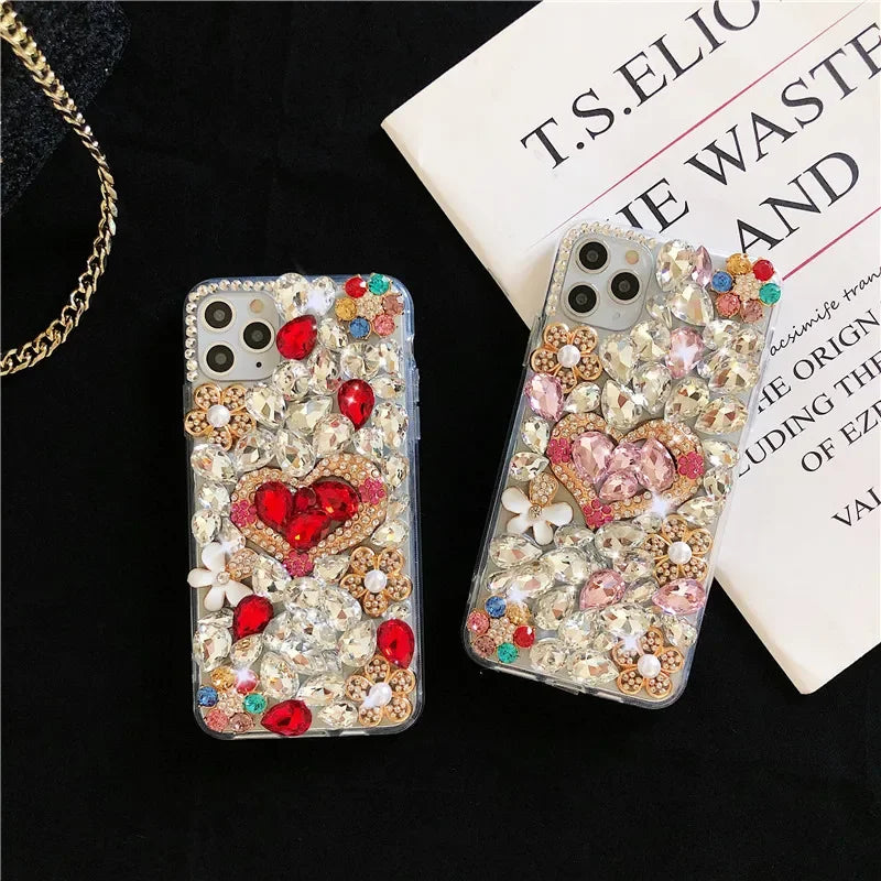 Luxury Handmade Rhinestone Phone Case with Cute Love Heart Design for Huawei P50 P60 Pro Mate 50 60 Honors 80 90 100 Pro