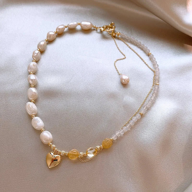 Romantic Love Heart Natural Baroque Freshwater Pearl & Yellow Crystal 14K Gold Filled  Jewelry Sets