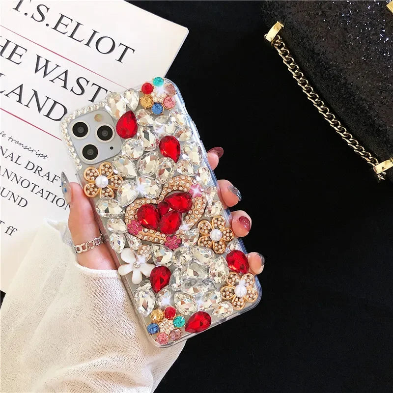 Luxury Handmade Rhinestone Phone Case with Cute Love Heart Design for Huawei P50 P60 Pro Mate 50 60 Honors 80 90 100 Pro