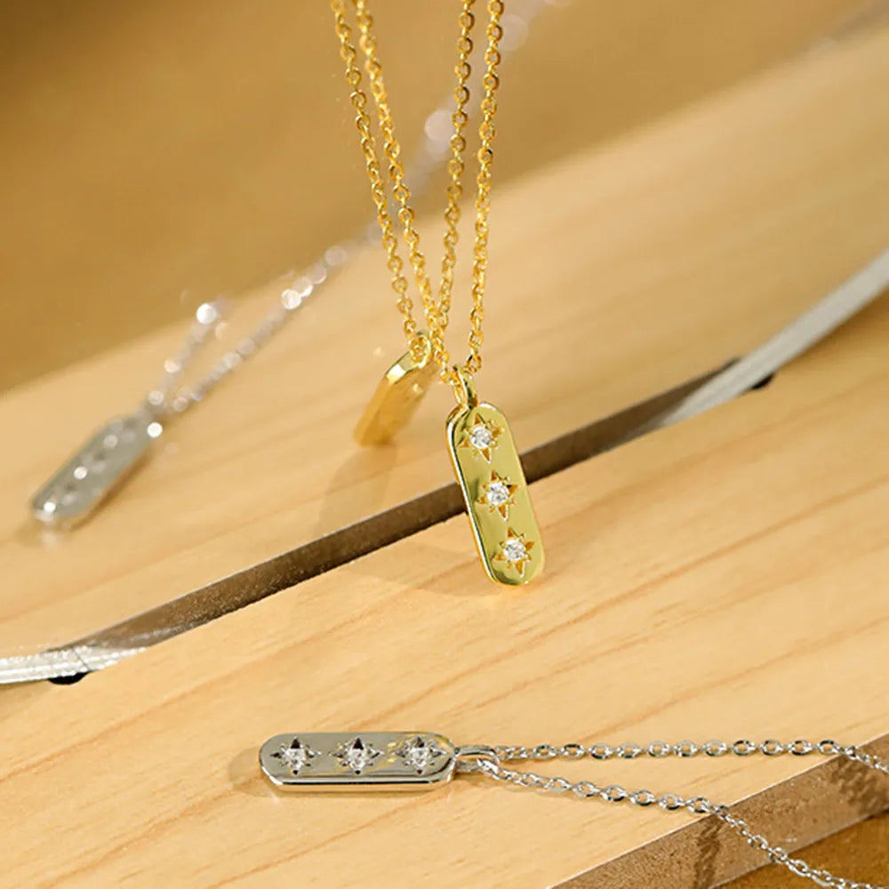 925 Sterling Silver Gold Square Pendant Three Zircon Necklace Luxury Jewelry