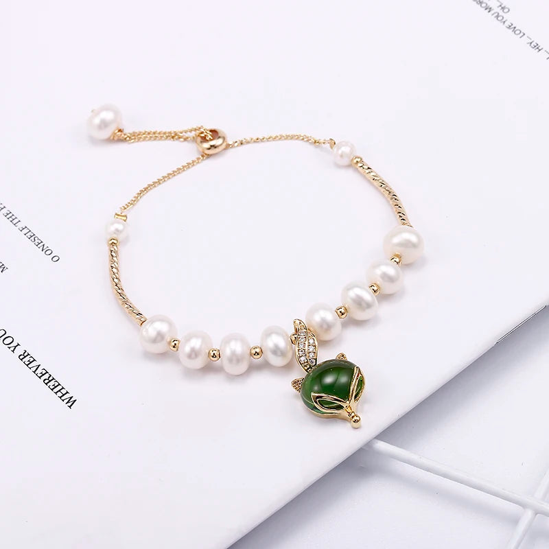 Sweet Little Fox Animal Green Crystal 14K Gold Filled Natural Freshwater Pearl Ladies Charm Bracelets Jewelry