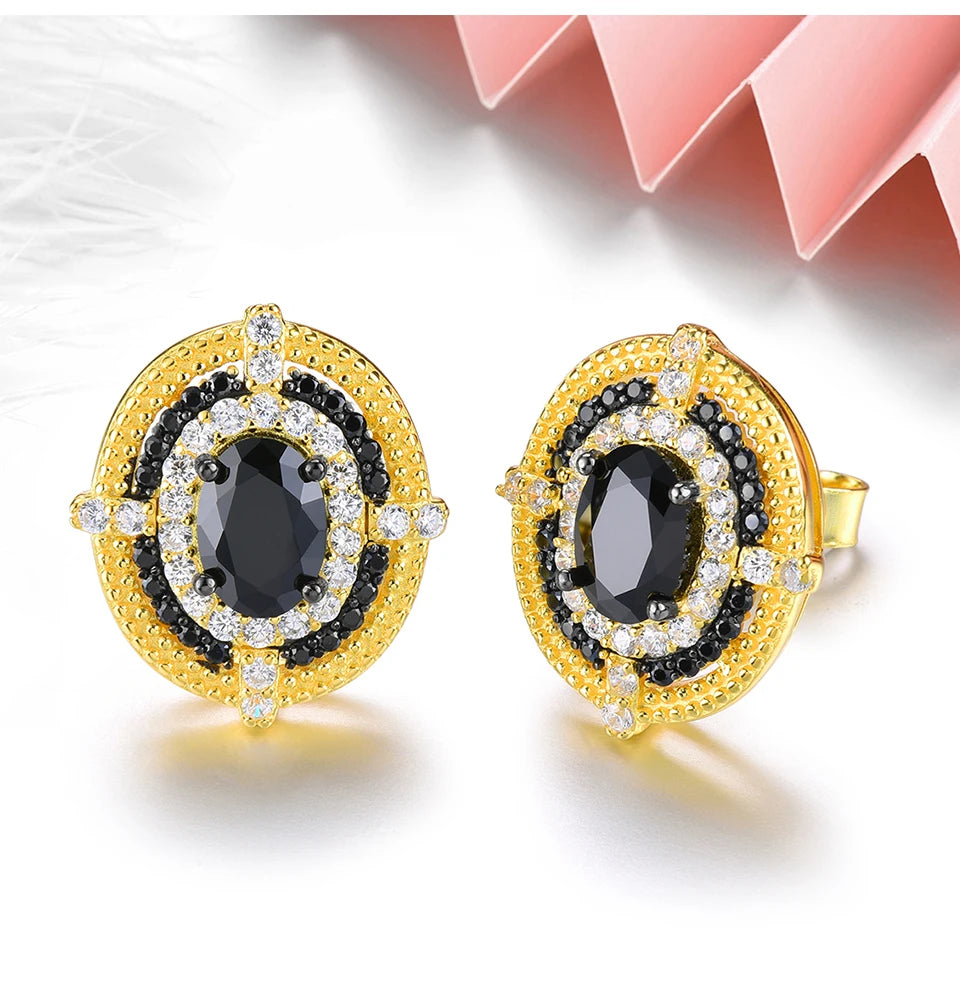 Natural Genuine Black Spinel Yellow Gold Classic Fine Jewelry S925