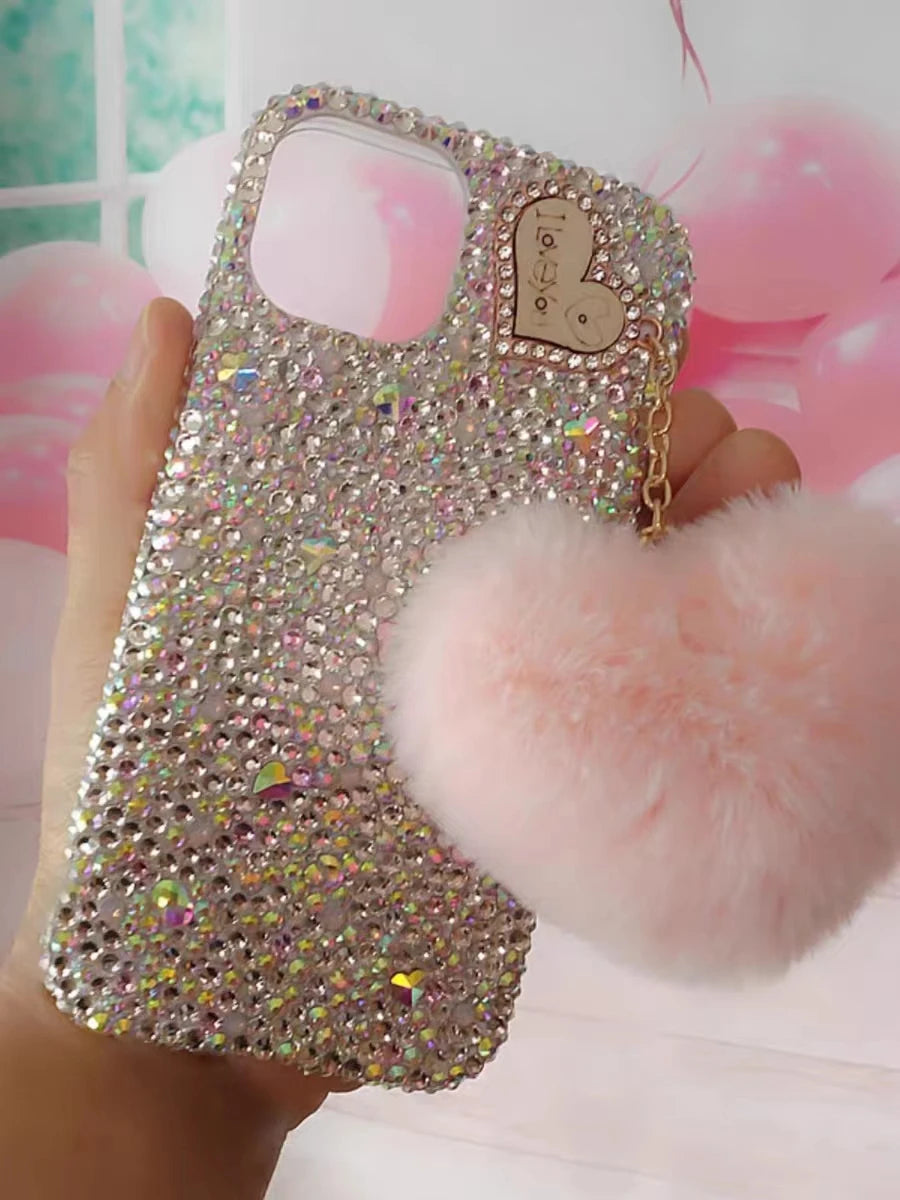 Crystal Diamond Bow Wrist Fur Phone Case For iPhone 15 12 13 14 11 Pro Max Plus Samsung Galaxy S22 S21 S23 S24 FE Ultra Note 20