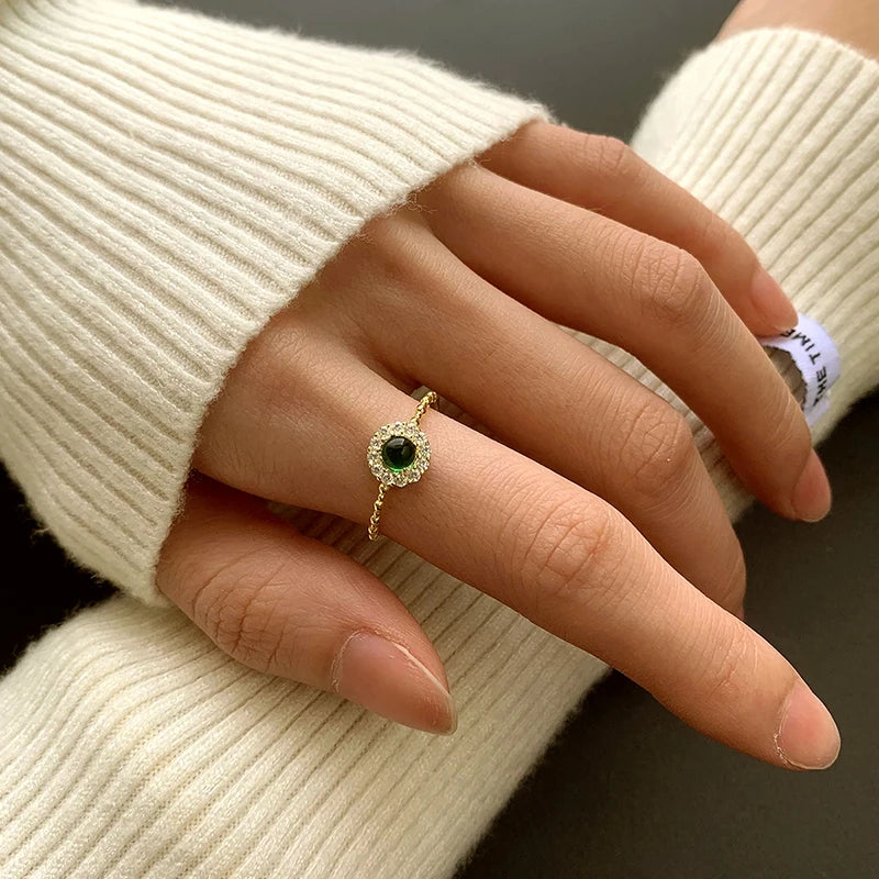 Retro Luxury Authentic S925 Silver 14K Gold Emerald Small Gold Bead Edge Ring Fashionable and Versatile