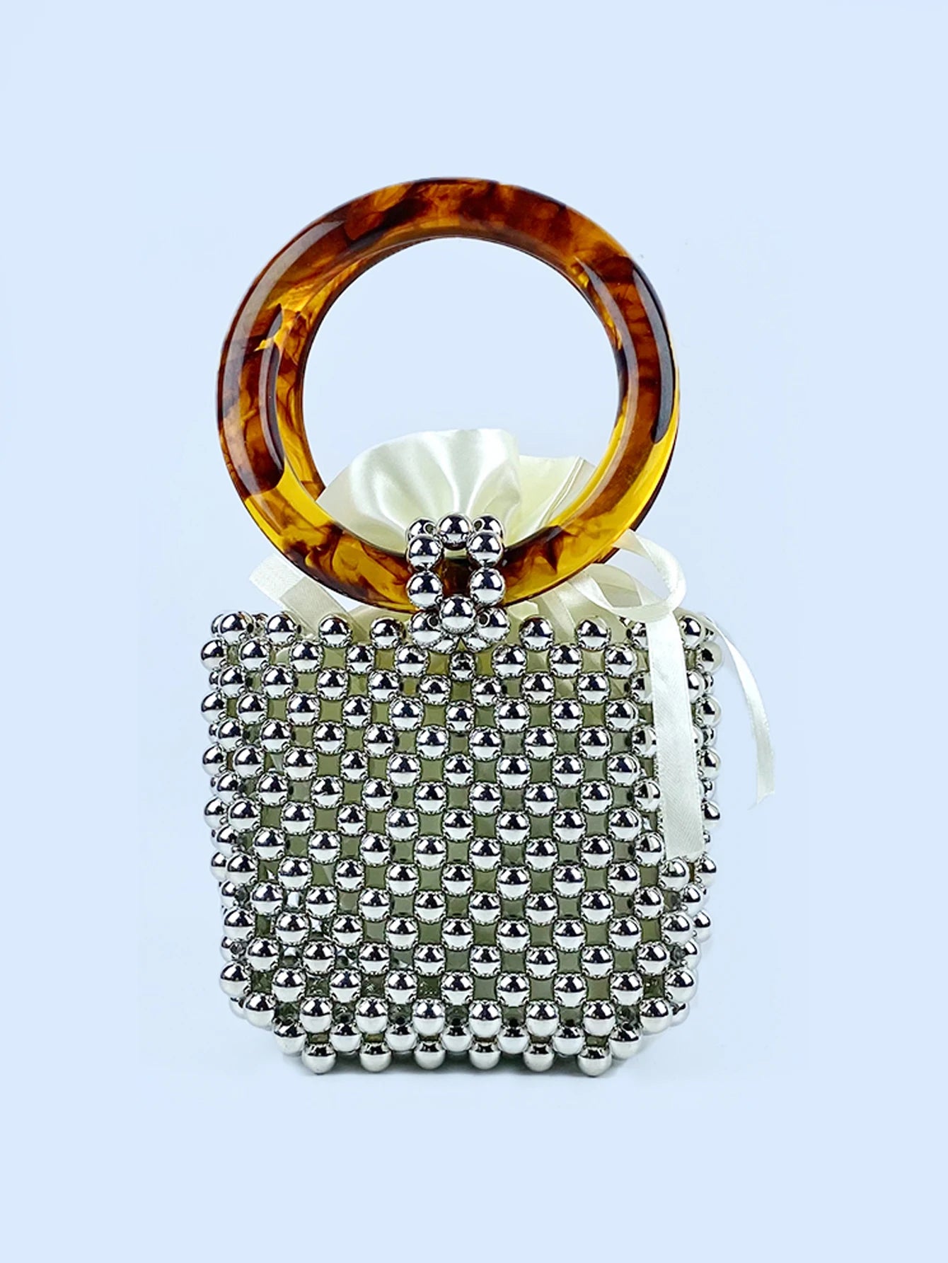 new niche designs, high-end textured beaded woven bead bag, circular ring portable bucket bag