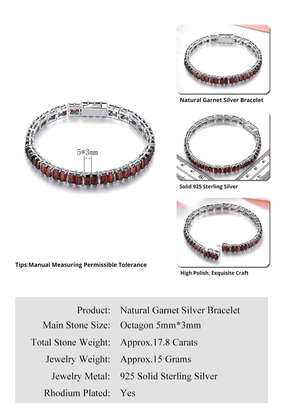 Natural Red Garnet Solid Sterling Silver Bracelet 17.8 Carats Genuine