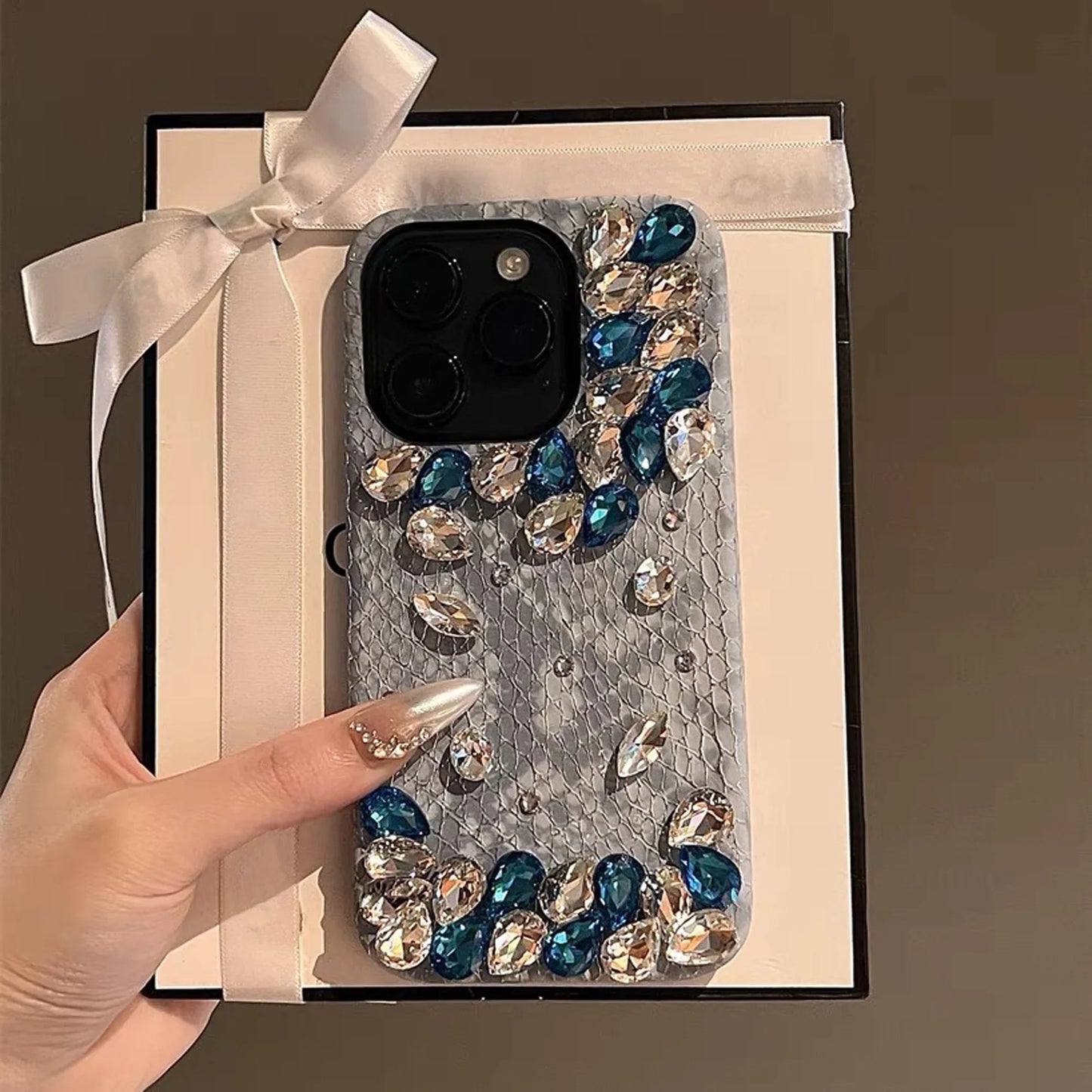 Snake-Print Skin Rhinestone Phone Case For iPhone 16 15 14 13 12 11 Pro Max Fall-Proof Luxury Girl Phone Case