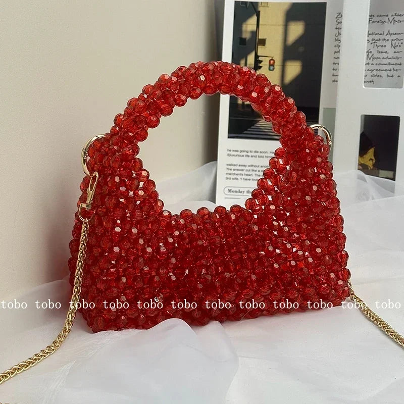 Original Red Half Moon Handbags Homemade Beade Woven Ladies Long Chain Bags Versatile Casual Retro Designer Party Bag