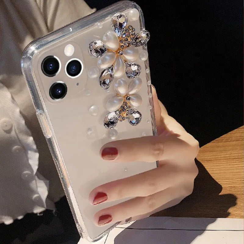 Luxury Bling Glitter Phone Case for Women, Rhinestone Crown, Pearl Flower Diamond, for Huawei P50Pro, P40, Honor 9X, 50, 60Pro