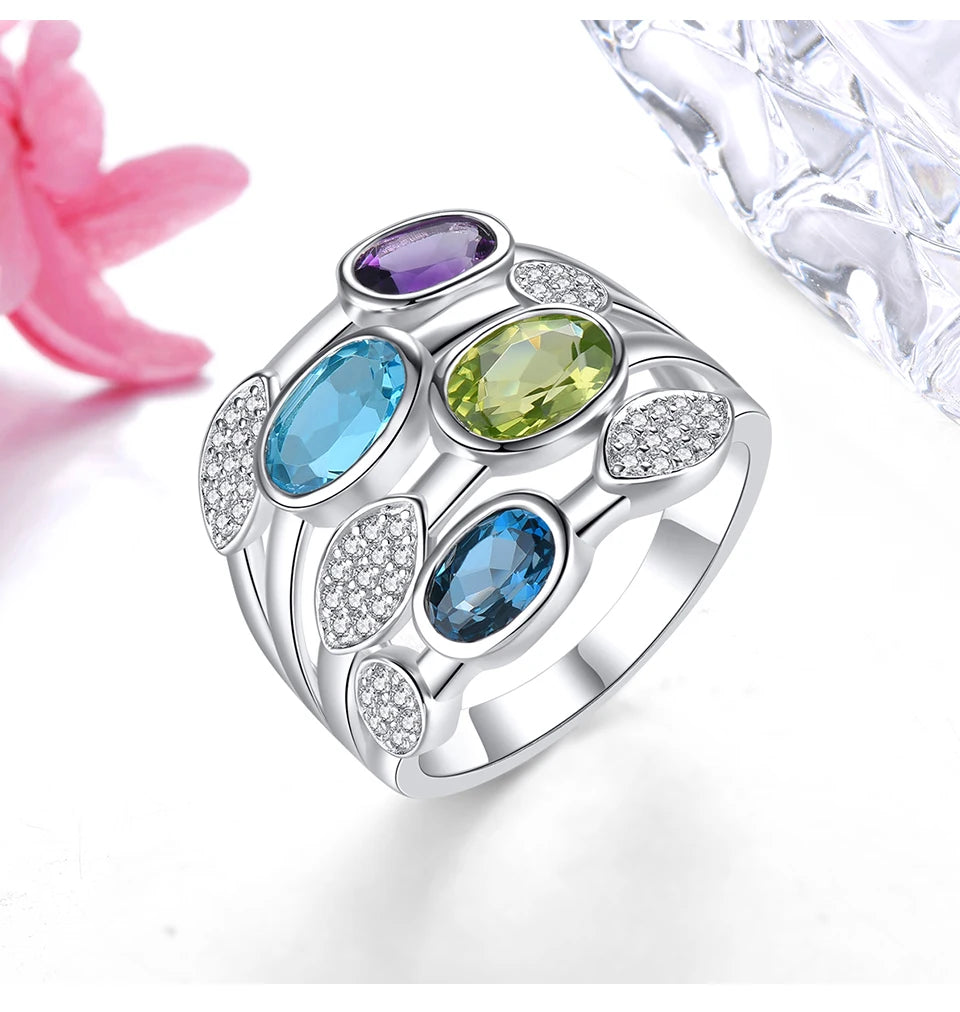 Natural Blue Topaz Peridot Amethyst Solid Silver Rings 4.2 Carats Genuine Multicolor Gemstone