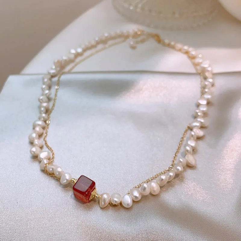 Elegant Natural Freshwater Pearl & Square Strawberry Quartz 14K Gold Necklace Jewelry