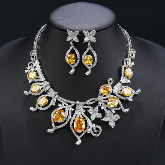 Luxury Cubic Zirconia Bridal Wedding Jewelry Set Ladies Party Leaves Necklace Earrings Set  CN11327