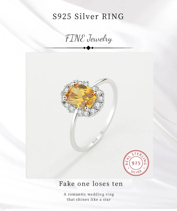 2022 NEW Exquisite Citrine Ring For Women Yellow Gold Real S925 Silver Crystal Diamond Engagement Valentine's Day Gift Jewelry