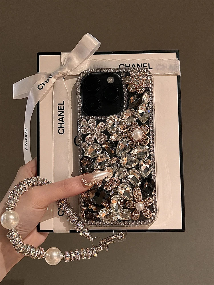 High Quality Luxurious Glitter Phone Case For iPhone 16 15 14 13 12 11 ProMax Diamond Bling For iPhone 16Pro hanging chain Cover