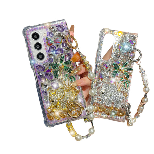 For Samsung Galaxy Z Fold 6 5 4 3 Luxury Cute Pearl Diamond Crystal Tree Wrist Strap Glitter Candy Wrist Phone Case Cover