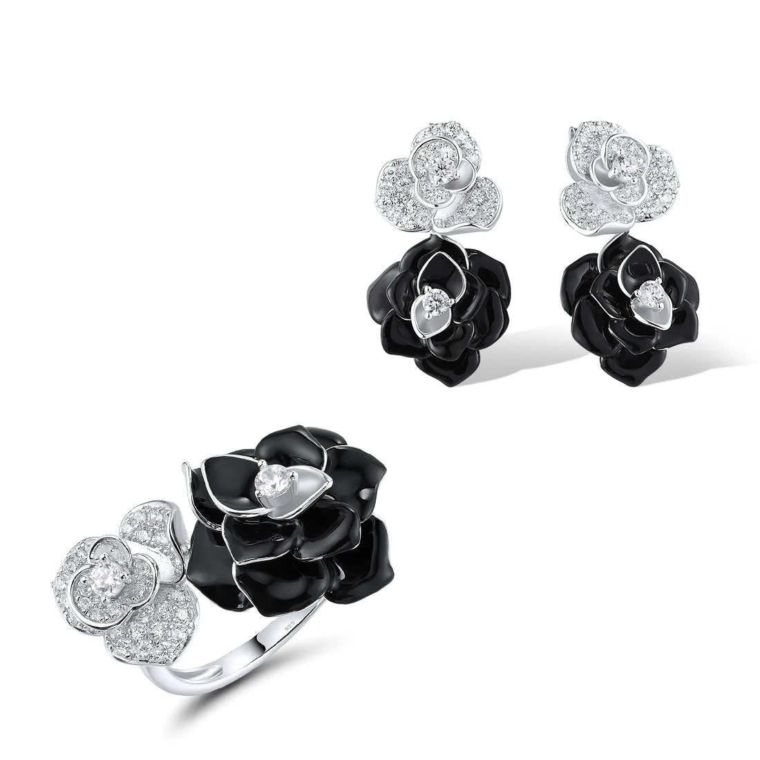 925 Sterling Silver Jewelry Set Black Flower