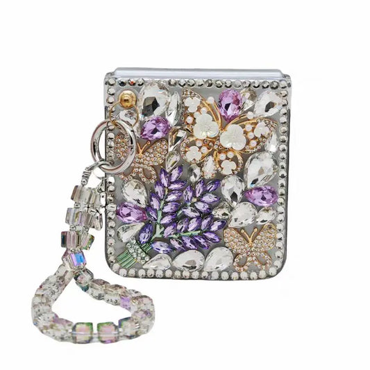 Luxury Pearl Elegant Butterfly Diamond Lavender Crystal Wrist Phone Case Cover For Samsung Galaxy  Z Flip 3 4 5 6 ZFLIP6