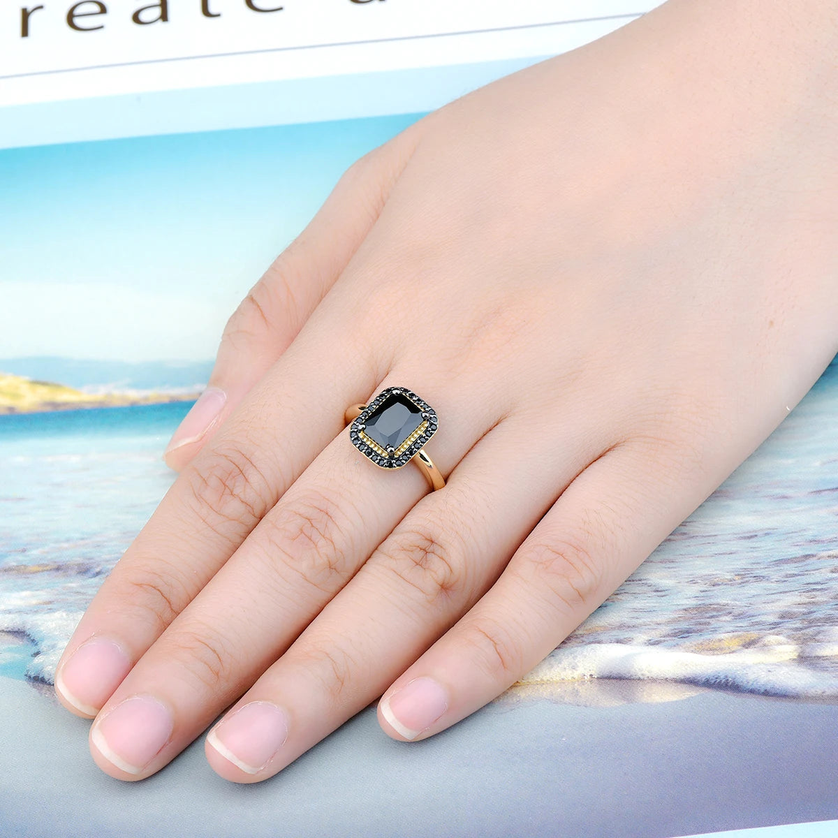 Natural Black Spinel Sterling Silver Yellow Gold Plated 2.6 Carats Genuine Gemstone Classic  Luxury