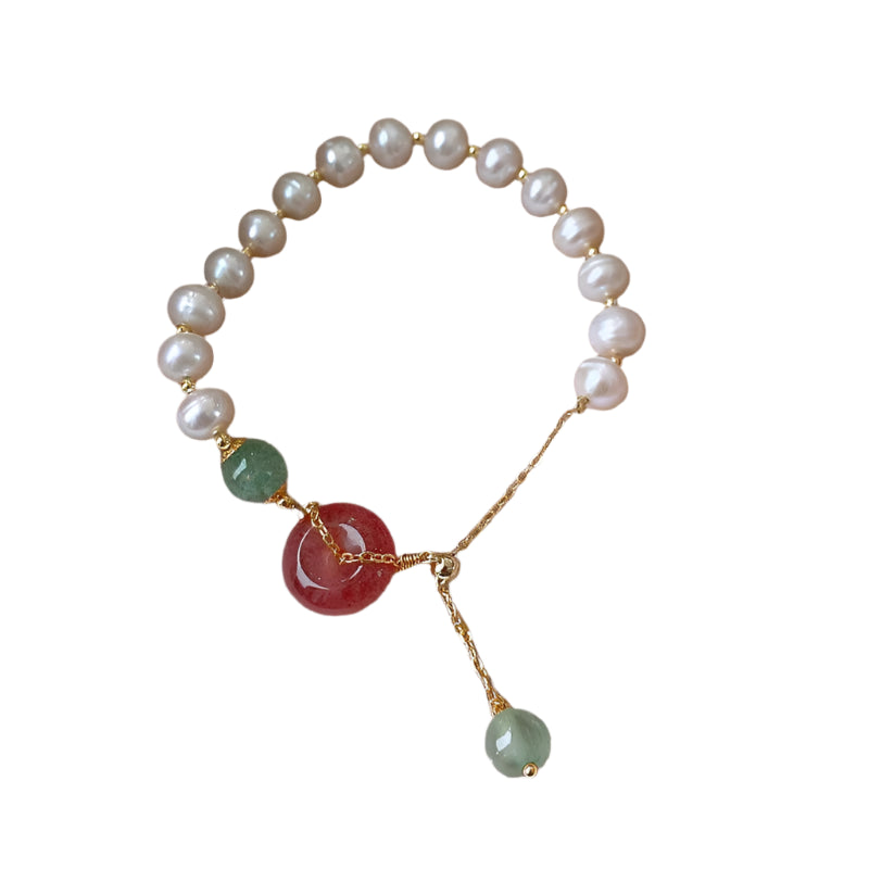 100% Natural Freshwater Pearl & Strawberry Quartz 14K Gold Filled Female Charm Bracelet Wholesale Jewelry