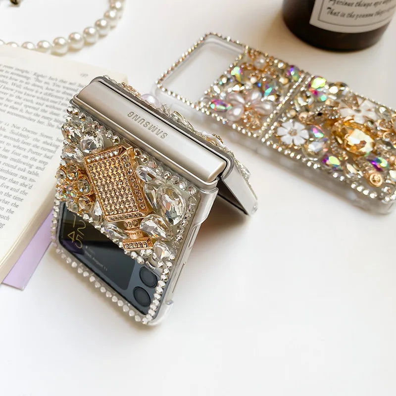 For Samsung Galaxy Z Flip 6 5 4 3 5G F7110 F7070 Rhinestones Crystal Pearl Gems Crown Flower Wrist Luxury Phone Case Cover