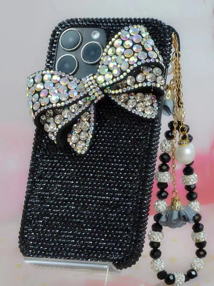 Crystal Diamond Bow Wrist Fur Phone Case For iPhone 15 12 13 14 11 Pro Max Plus Samsung Galaxy S22 S21 S23 S24 FE Ultra Note 20