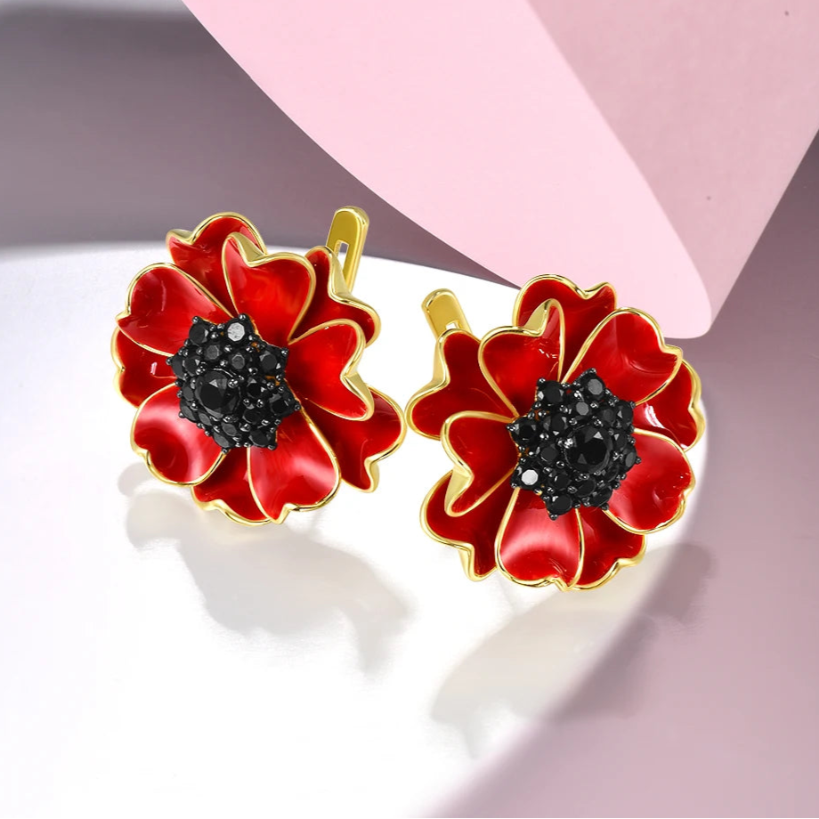 925 Sterling Silver Black Spinel Red  Flower Jewelry