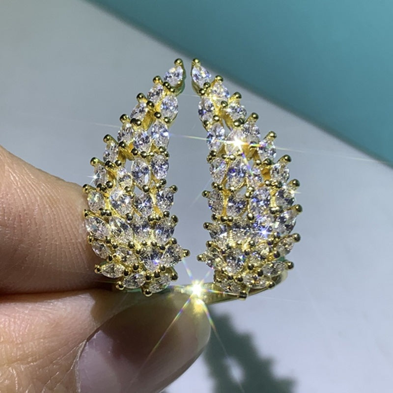 Luxury  S925 Silver Marquise Cut White Transparent Cubic Zirconia Eternal Wing Feather Jewelry