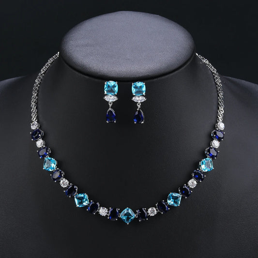 Elegant  Multi Color Cubic Zirconia Necklace And Earrings Set Woman Wedding Bridal Costume Jewelry Set CN11324